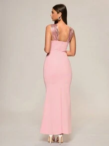 Glamine 新款女士粉色涂层面料拼接吊带露背无袖后拉链针织美人鱼修身四季长款连衣裙，优雅舞会礼服，约会之夜礼服，派对礼服，演唱会服装 - 粉色 - 查看 2