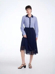 SHEIN Clasi 女式 2024 新款条纹拼接雪纺褶皱休闲中长连衣裙 - 藍色 - 查看 6