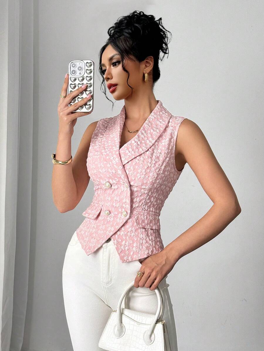 Elenzga French Elegant Shawl Neck Textured Sleeveless Tailored Fitted Jacket For Women - Pink - View 1