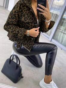 Leopard Print Raw Hem Cropped Denim Jacket - Long Sleeve Versatile Basic Coat For Women Fall Winter