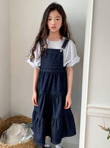 Dazy Kids Tween Girl Denim Pinafore Dress,Girls Summer Outfits,Back To School Clothes - Dark Wash - View 3