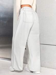 SHEIN 深蓝色牛仔宽松阔腿裤，适合少女 - 白色 - 查看 2