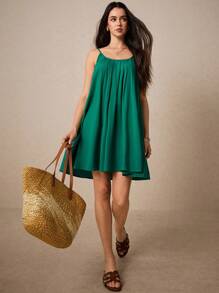 SHEIN Frenchy 夏季宽松亚麻露背连衣裙休闲舒适吸湿排汗适合度假日常穿着