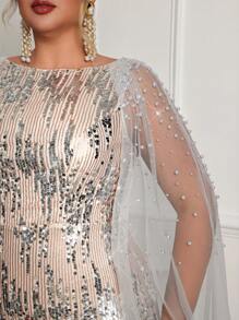 Glamrae Plus Size Asymmetrical Abstract Shell Sequin & Faux Pearl Mesh Patchwork Elegant Fishtail Formal Evening Dress, Wedding Guest Dress, Party Dress,Gown - Champagne - View 3