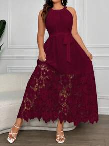 Vionelle 大码优雅纯色蕾丝拼布吊带连衣裙 - 酒紅色 - 查看 8