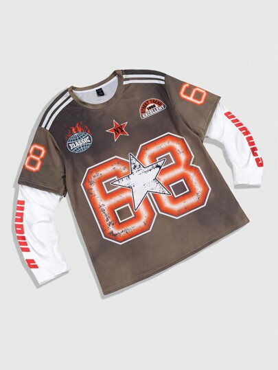 Prep تي شيرت رياضي بأكمام طويلة للرجال بطبعات حرفية وبتصميم تي شيرت كرة القدم 2 في 1