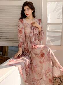 DAZY 女士全印花泡泡袖系带中长连衣裙，秋季长袖连衣裙，度假装扮 - 粉色 - 查看 8