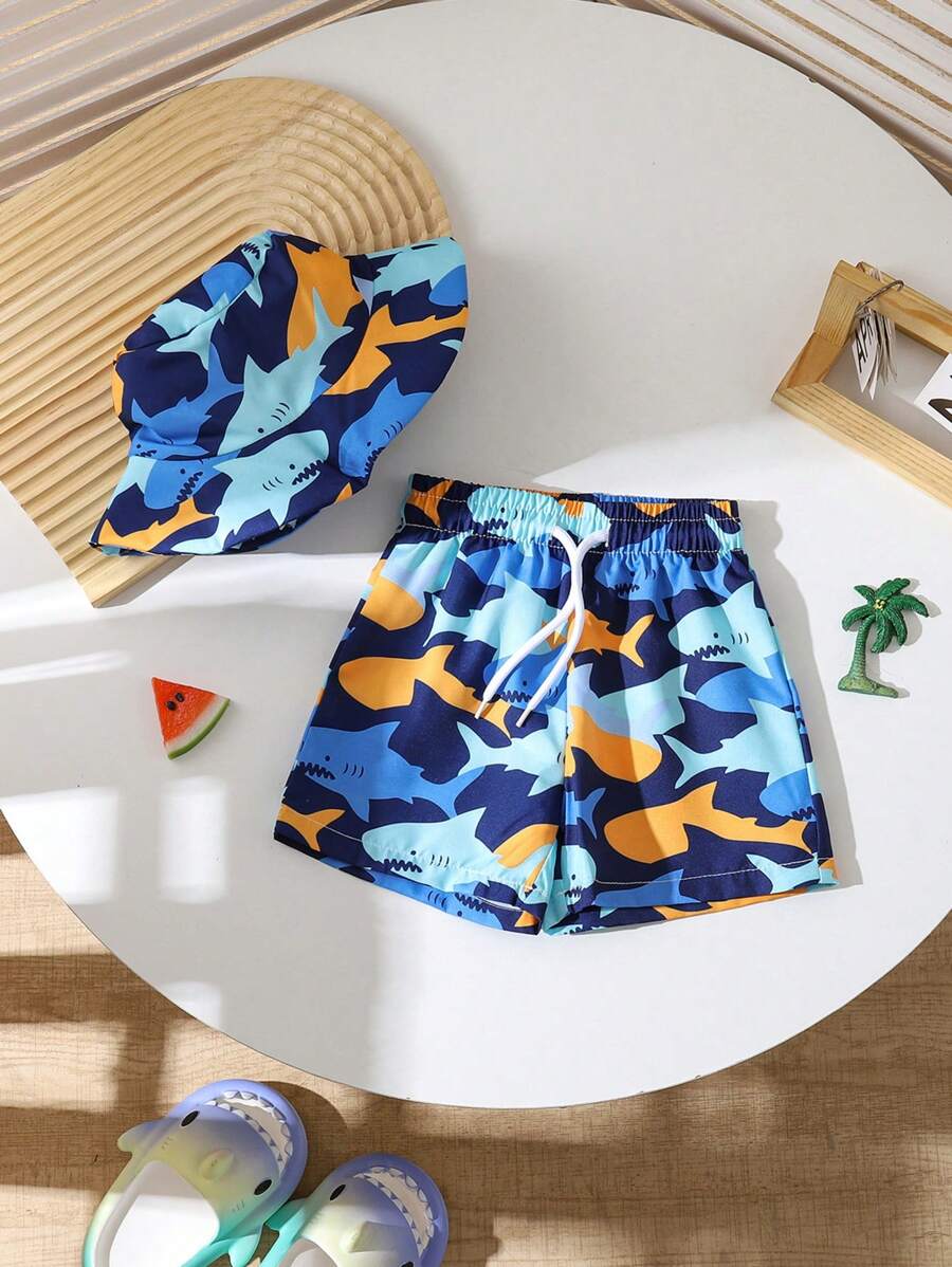 SHEIN Baby Boy Shark Print Drawstring Waist Beach Shorts - Multicolor - View 1