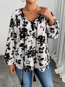 SHEIN LUNE 大码女式纯色花卉印花系带领撞色边灯笼袖休闲度假日常百搭衬衫