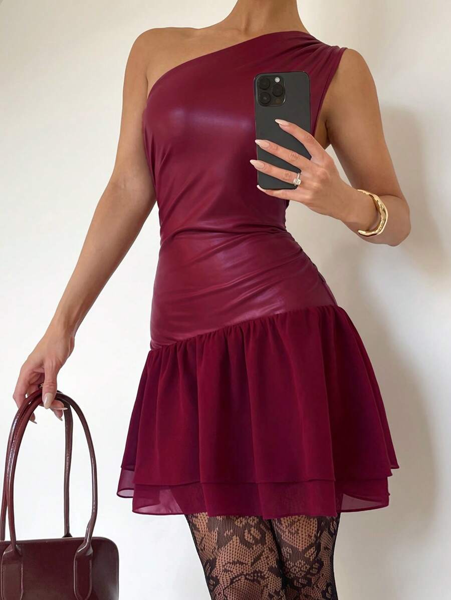 SHEIN Essnce Women's Burgundy PU Leather Ruched Waist Pleated Patchwork Slip Dress, Slimming For Spring/Summer - Burgundy - View 1