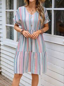 EMERY ROSE 女式条纹 V 领短袖纽扣休闲连衣裙 - 彩色 - 查看 6