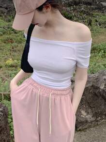 DAZY Women's Solid Color Off-Shoulder Short Sleeve Cropped White T-Shirt, Spring/Summer,Off Shoulder Top - White - View 4