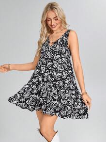 SHEIN LUNE Robe décontracté mini femme à rayures noires et blanches, col V sans manches, ourlet asymétrique, convient pour le printemps/été - Noir et Blanc - Voir 1