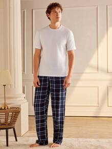 Manfinity Men's Plaid Elastic Waist Lounge Pants - Black - View 4