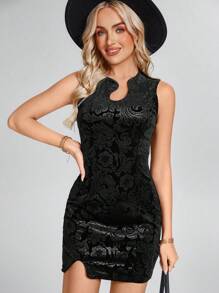 SHEIN LUNE 女士无袖不对称领口修身天鹅绒压花优雅度假迷你连衣裙，春夏 - 黑色 - 查看 6