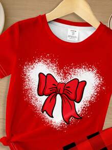 SHEIN Leap Crew Tween Girl 心形和格子图案休闲短袖休闲套装，罗纹面料贴身家居服，适合春夏季、情人节 - 彩色 - 查看 3