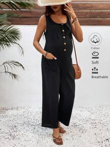 SHEIN Pregnant Women Solid Button Half-Placket Casual Wide Leg Nursing Jumpsuit - Black - View 1