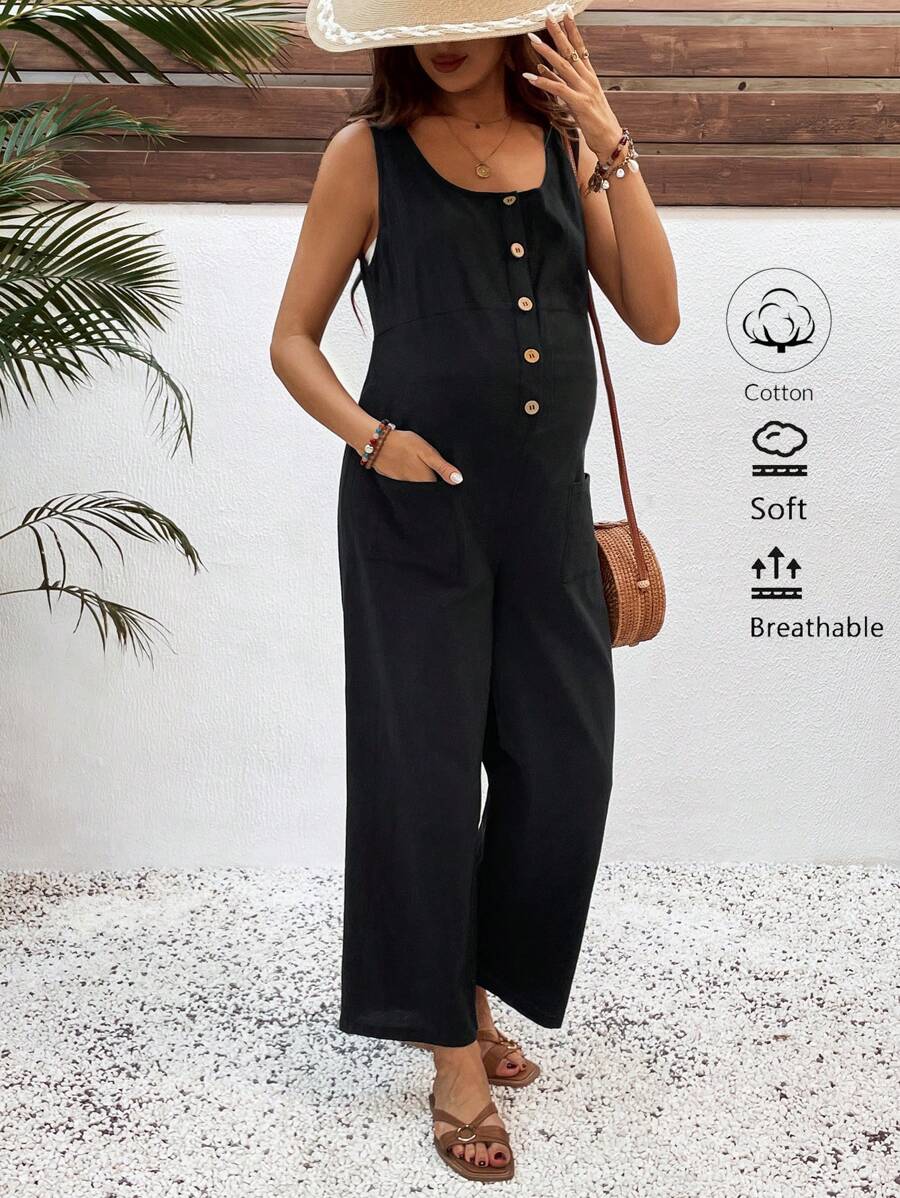 SHEIN Pregnant Women Solid Button Half-Placket Casual Wide Leg Nursing Jumpsuit - Black - View 1