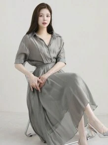 DAZY 女式翻领修腰不对称中长衬衫裙