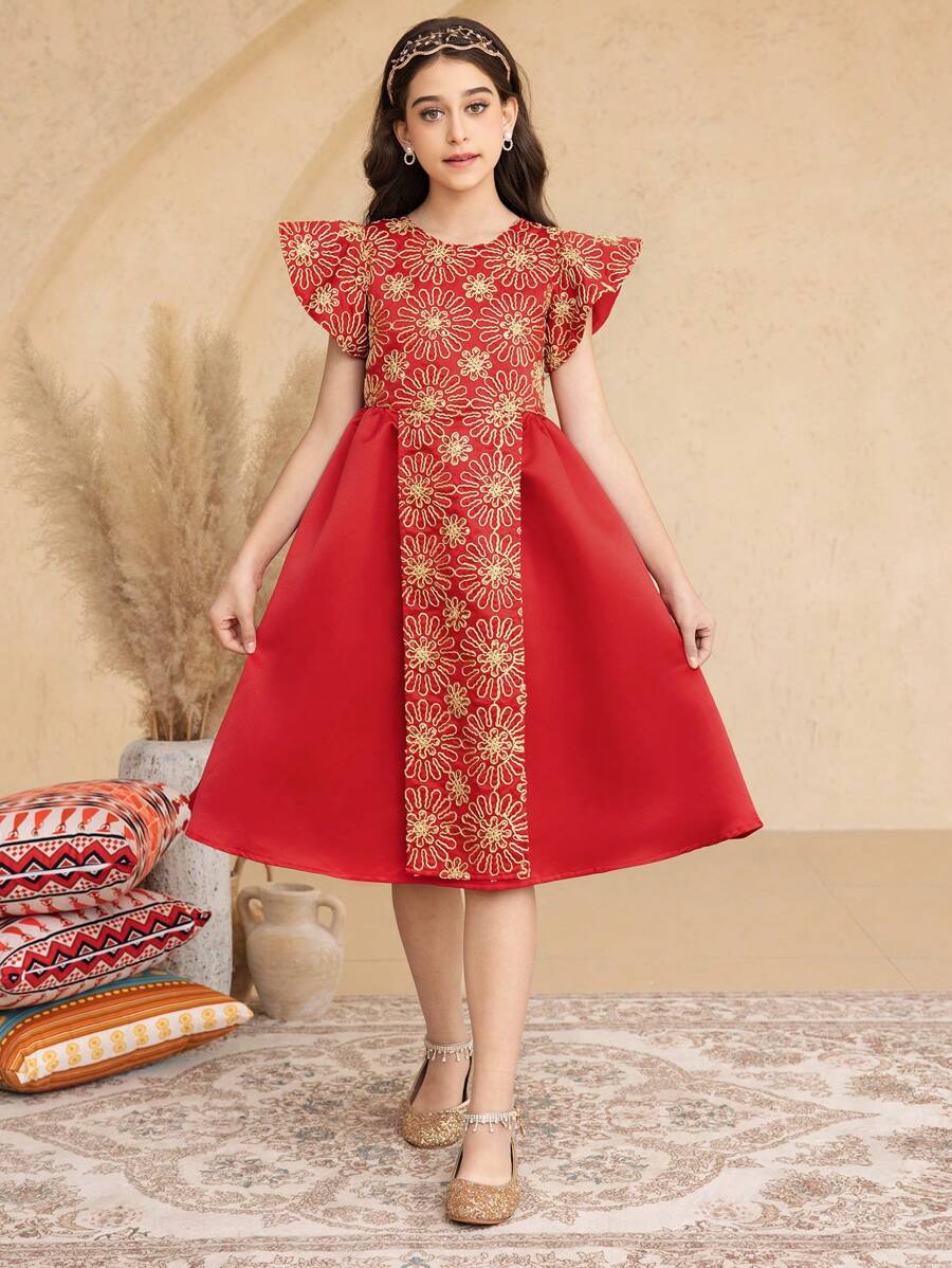 Tween Girls Elegant Embroidered Splice Cap Sleeve Dress - Green - View 1