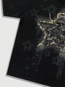 ROMWE MEN Street Life Camiseta casual y de moda con estampado de estrella punk para hombres, talla optimizada - Nueva versión, rave, estilo de los 2000 - Negro - Ver 5