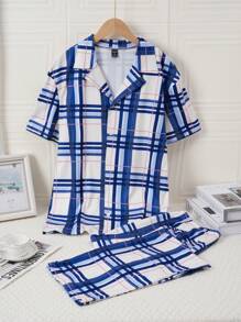 SHEIN 男士蓝色格子经典休闲舒适 2 件短袖上衣和裤子家居服套装 - 藍色 - 查看 1