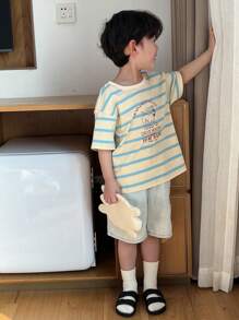 Dazy Kids Striped Short Sleeve T-Shirt With "Young Boy" Cartoon Print