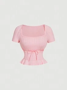SHEIN MOD Pink Short-Sleeved Cute T-Shirt With Drawstring On The Front, Cute T-Shirt, Valentine's Day T-Shirt, Going Out T-Shirt, Summer T-Shirt