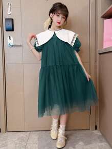 Toddler & Big Tween Girl Girls' Fashionable Puff Sleeve Collar Dress - Green - View 7