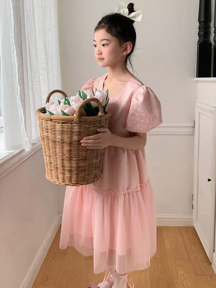 Tween Girls' Casual Solid Color Short Sleeve Dress, Minimalist & Stylish For Daily Wear