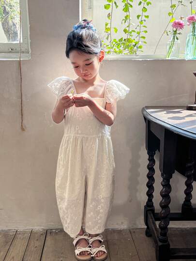 DAZY Young Girl Square Neck Collar Embroidery Cap Sleeve Jumpsuit, Spring/Summer Vacation