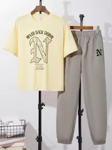 SHEIN Leap Crew 2 件青少年男孩休闲街头服饰镂空佩斯利印花短袖 T 恤和运动裤套装，春季服装 - 彩色 - 查看 2