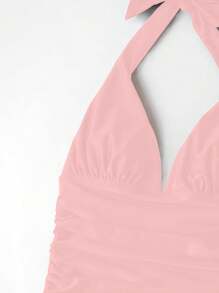 SHEIN Swim Women's Solid Color Spaghetti Strap-Back-Tie Simple Fitted Tnkini Set, For Summer Beach Vacation - Pink - View 3