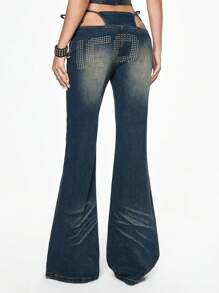 ROMWE Grunge Punk Y2K Rivet 2 In 1 Extremely Low Waist Flare Jeans Pants For Women, Suitable For Concerts & Festivals - Blue - View 1
