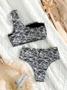 SHEIN Swim Bộ đồ bơi nữ mới cho kỳ nghỉ xuân, vải kết cấu, màu đen và trắng, viền vỏ sò, một bên vai, hai mảnh, bikini - Đen và trắng - Xem 6