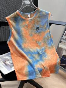 SHEIN Tween Boy 休闲度假扎染椰子树图案圆领背心，适合通勤、上学、日常休闲外出、运动、春夏、度假 - 珊瑚橙 - 查看 9