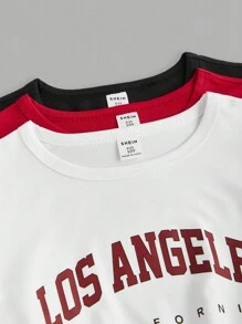 SHEIN 3pcs/Set Tween Girls Red Letter Print Ruched Crew Neck T-Shirt, White & Black Letter Print T-Shirts