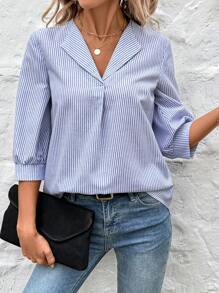 SHEIN LUNE Boho Women Clothing Elegant Women Blouses Women's Blue & White Striped Casual/Office Shirt For Spring - Blue and White - View 2