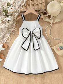 Vestido minimalista elegante de contraste de color negro y blanco para niña con gran lazo removible y correa de - Blanco - Ver 1