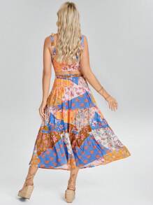 Wildy Boho Vacay Bohemian Western Wear Women Women 2pcs Set: Printed Slip Dress & Sleeveless Skirt, Resort Wear