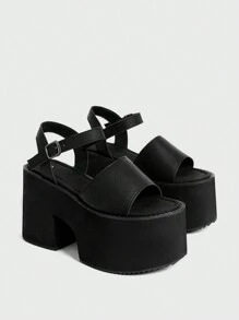 Sugerpunk Women's Open Toe Thick Sole Flat Heel Strap Clogs Sandals, Simple Casual Summer Shoes, Fashionable Ankle Strap Wedge High Heels Spring Break Easter For Christmas - Black - View 3