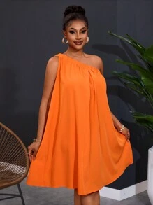 Slaydiva Váy ống rộng màu trơn không tay một bên vai cỡ lớn mới 2025 cho nữ - trái cam - Xem 6