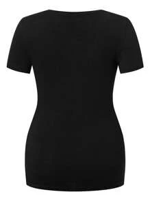 SHEIN Maternity 1pc Letter & Footprint Print Short Sleeve Slim Pregnant Women T-Shirt, Cotton - Black - View 2