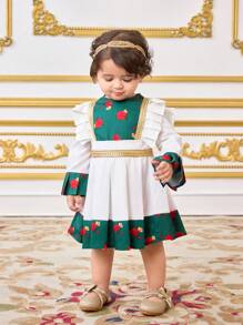 SHEIN Babygirl Summer Colorblock Floral Print Casual Dress - Green - View 5
