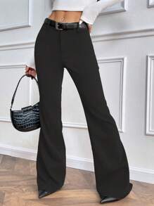 Gloray Pantalon en sergé gris à ouverture frontale, taille basse et ourlet évasé, pour l'automne/l'hiver, mode femme