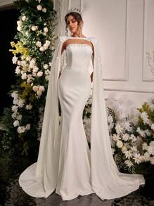 Glamrae 优雅、奢华的水钻装饰弹力针织美人鱼可拆卸尾巴婚纱，适合婚礼、派对、度假、庆典、新娘 - 米色 - 查看 5