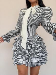 Celure Plus Size Women 2pcs Set: Striped Bowknot Blouse & Cake Skirt