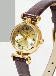 MOTF PREMIUM WOMEN'S FASHION MINIMALIST ELEGANT GOLD-TONE ROMAN NUMERAL WATCH - Brown - View 2