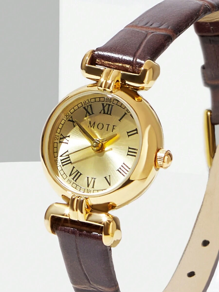 MOTF PREMIUM WOMEN'S FASHION MINIMALIST ELEGANT GOLD-TONE ROMAN NUMERAL WATCH - Brown - View 2