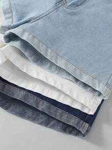 SHEIN 3 pièces Ensemble de shorts en jean ajustés et près du corps pour préadolescentes, bleu clair, bleu foncé et blanc, décontracté et polyvalent pour le printemps/automne - Multicolore - Voir 4